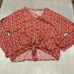 [L]BeachLunchLounge V Neck Button Up Tie Hem LS Cropped Bird Blouse